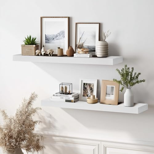 Solid Wood Floating Shelves, 36 Inch Wall Shelves, Set of 2, White | 8 Inch Deep, 1.6 Inch Thick, Extra-Wide Display Space, Mounting Hardware Included, For Kitchen, Bathroom and Living Room - color: White, size: 36x8x1.6