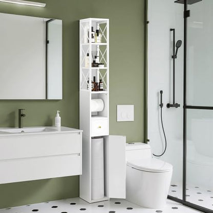 VECELO Narrow Bathroom Storage Cabinet with X-Frame Metal Design, 67" Tall Freestanding Cabinet with Toilet Paper Holder, Slim Tower Cabinet with Magnetic Door & Drawer, for Small Spaces, White - color: Hollow Top