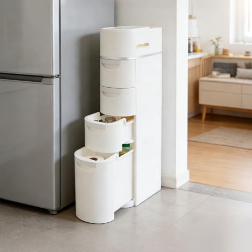 4-Tier Slim Freestanding Bathroom Storage Cabinet with 4 Drawers | 16×7×37in, White, ABS, Narrow Body Design, Toilet Paper Storage Space, For Bathroom Kitchen Bedroom - size: 4-Tier