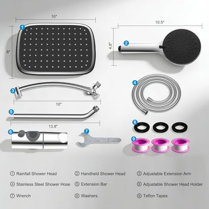 10" Rain Shower Head with Handheld, High Pressure Boosting Rainfall Showerhead with All Metal Adjustable Extension Arm, Easy Reach Shower Holder, 5 Spray Modes with Power Wash, Easy to Install, Chrome - color: Chrome
