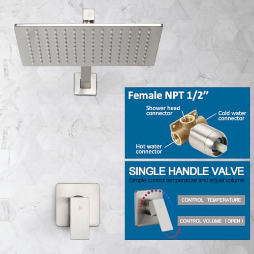 Shower Faucet Set with Rainfall 12 Inch Shower Head, Wall Mounted Bathroom Shower System Brushed Nickel, Single Function Shower Trim Kit with Valve - color: Brushed Nickel, size: 12 Inch (Wall Mount)