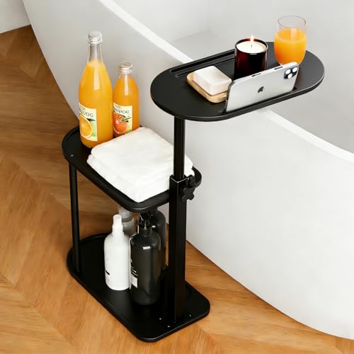3-Tier Freestanding Bathtub Tray Table, Bamboo Swivel Bathtub Side Table with Height Adjustable Design, Standing Bath Tray for Tub Against Wall, Bathroom Organizer for Luxury Home Spa (Black) - color: Black