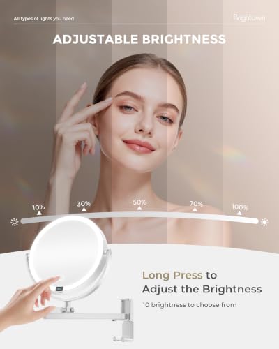 Brightown 8" Wall Mounted Lighted Makeup Mirror with LED Magnifying 1X/10X | 4000mAh Rechargeable Double Sided Dimmable Vanity Mirror, Extended Arm 360 Rotation, 3 Color Lights & Digital Display, Silver - color: Sliver