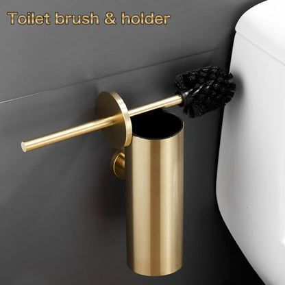 AIREMOEN 1PCS Brushed Gold Wall-Mounted Toilet Brush and Holder Set, 304 Stainless Steel Handle Toilet Brush Holder, Toilet Brush and Plunger Set, Bathroom Wall-Mounted Compact Toilet Brush Holder