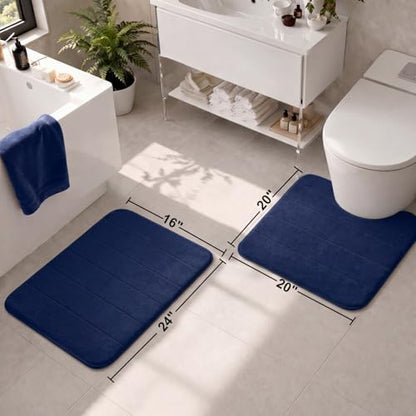 2 Piece Memory Foam Bath Mat Set, Extra Soft Absorbent Bathroom Rugs with U-Shaped Toilet Rug, Non-Slip Backing, Machine Washable, 24x16 + 20x20 U-Shaped, Navy Blue - color: Navy Blue