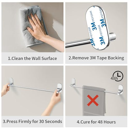 Self Adhesive Towel Bar for Bathroom 24ich Stainless Steel and Zinc Alloy No Drill Towel Rack Heavy Duty Hanger Stick On Hand Towel Holder for Kitchen, Cabinet, Door, Shower, Polished Chrome - color: Polished Chrome