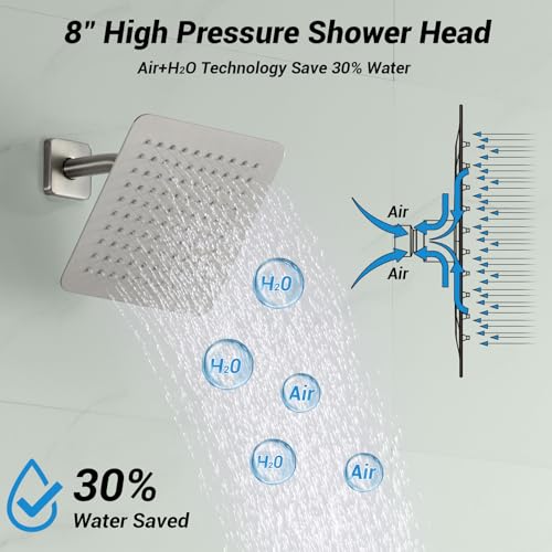Shower Faucet Set with Valve, 8 Inch Square Rain Shower Head,Brushed Nickel | SUS304 Stainless Steel, Brass Rough-in Valve, Single Handle, Air Pressure Boost, Shower Trim Kit, Male Threads - color: Brushed Nickel
