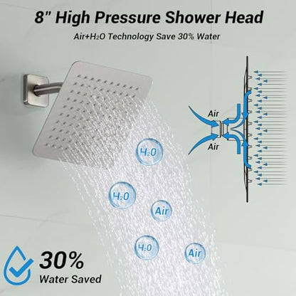Shower Faucet Set with Valve, 8 Inch Square Rain Shower Head,Brushed Nickel | SUS304 Stainless Steel, Brass Rough-in Valve, Single Handle, Air Pressure Boost, Shower Trim Kit, Male Threads - color: Brushed Nickel