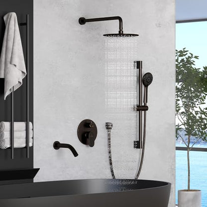 MONDAWE 9 Inch Wall Mounted Shower Faucet Set with Tub Spout in Oil Rubbed Bronze, Rainfall Shower Head with 3-Setting Handheld Spray Shower Combo, High Pressure Shower System with Solid Brass Valve - color: Oil Rubbed Bronze, style: 9 IN - With Tub Spout