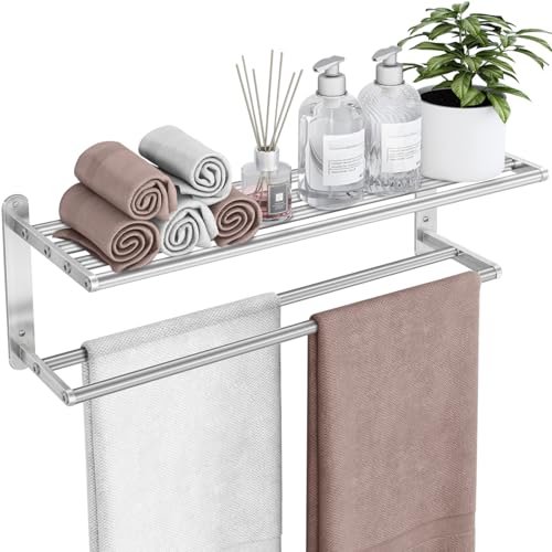 VOTZAAQ Towel Racks for Bathroom - 24 in Bath Towel Shelf with Double Towel Bar, Stainless Steel Towel Storage for Lavatory Wall Mounted, 2-Tier Towel Hanger Towel Holder, Brushed Nickel - size: 24in