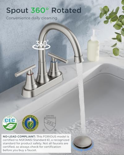 FORIOUS Brushed Nickel Bathroom Faucet 3 Holes, Widespread Bathroom Faucets | 8 In Widespread Bthroom Sink Faucet Brushed Nickel 3 Hole with 360° Swivel Gooseneck, 2 Handle Farmhouse Restroom Renovation - color: Stainless Steel