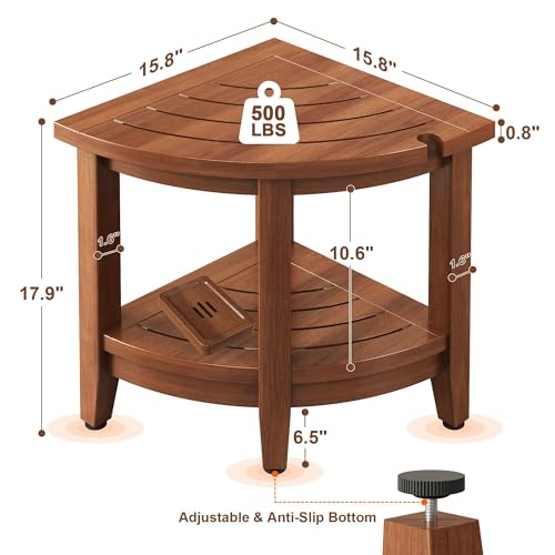 18" Teak Corner Shower Stool, Inside Shower Stool with Storage Shelf, Waterproof Teak Stool for Shaving Legs and to Sit On, 2-Tier Shower Stool,Adjustable Feet, Non-Slip, Brown