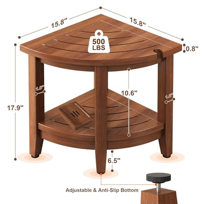 18" Teak Corner Shower Stool, Inside Shower Stool with Storage Shelf, Waterproof Teak Stool for Shaving Legs and to Sit On, 2-Tier Shower Stool,Adjustable Feet, Non-Slip, Brown