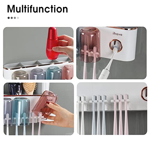 iHave Toothbrush Holders for Bathrooms Wall Mounted with Dispenser & 4 Cups | 12 Slots Wall Mount Toothbrush Holders for Bathrooms with Squeeze Toothpaste Dispenser, 4 Cups & 4 Compartments Organizer - color: White 4 Cups