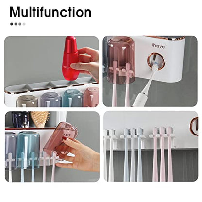 iHave Toothbrush Holders for Bathrooms Wall Mounted with Dispenser & 4 Cups | 12 Slots Wall Mount Toothbrush Holders for Bathrooms with Squeeze Toothpaste Dispenser, 4 Cups & 4 Compartments Organizer - color: White 4 Cups