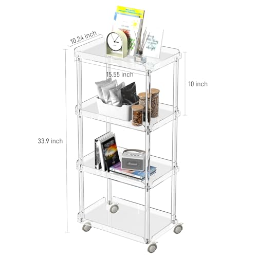 AQUIVER Acrylic Slim Storage Cart - 4 Tiers Narrow Rolling Cart - Utility Cart for Kitchen, Bathroom, Living Room, Laundry - 15.6 '' L x 10.2 '' W x 33.9 '' H