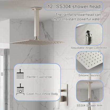 WELLFOR 12-In Ceiling Mount Shower System with Single Handle, Pressure-balanced Valve Included, Waterfall Dual Head Shower Head System, Rain Shower System, Shower Faucet Trim Kits, Brushed Nickel - color: Brushed Nickel, style: Ceiling Mount 12-Inch