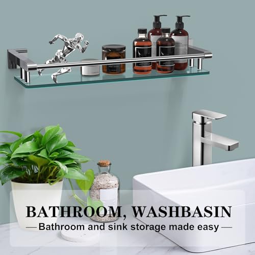 Glass Shelves for Bathroom, 20IN Rectangular Chrome Stainless Steel Tempered Glass Shelf Wall Mount Shelf Sink Over Toilet Modern Bathroom (Chrome Polished, 20‘’) - color: Chrome Polished, size: 20'' with Railing