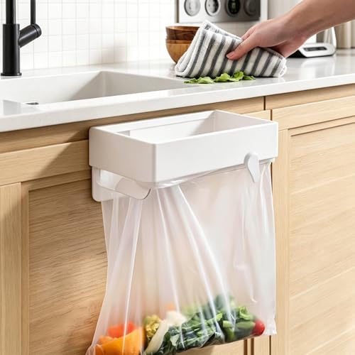 Wall Mounted Trash Bag Holder- Folding Room Saving Bathroom and Kitchen Storage Rack, Plastic Hanging Waste Bin Organizer (White)