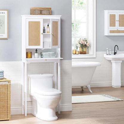 Spirich Over the Toilet Storage Cabinet with Hand-Woven Rattan Doors, White | Tilt-Out Storage Cube, Adjustable Shelf, 33-Inch Toilet Clearance, Anti-Tip Bracket, Bathroom Organizer for Toiletries - style: Rectangular