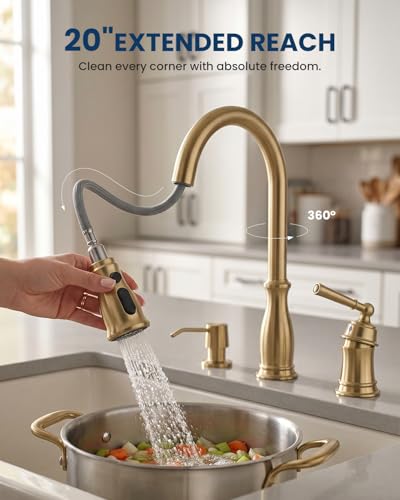 DAYONE Brushed Gold Kitchen Sink Faucet - Separate Handle 3 Holes，Gold Pull Down Faucet with Soap Dispenser，Sink Faucet for Kitchen, Single Handle High Arc - color: Brushed Gold, style: Separate handle