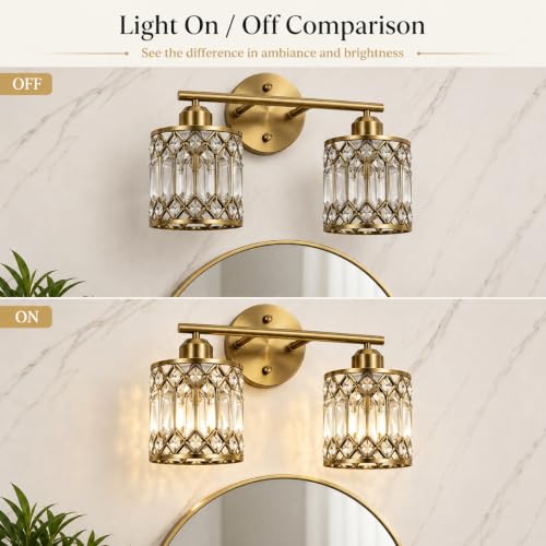 Lxybcce 2-Light Bathroom Vanity Light, 14 in Modern Crystal Bathroom Lighting Fixtures Over Mirror, E26 Hardwired Bathroom Wall Sconce, Brushed Antique Brass - color: Gold, size: 14in
