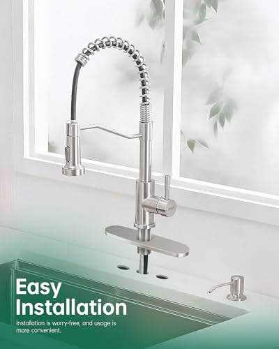 AIMADI Kitchen Faucet with Pull Down Sprayer and Soap Dispenser | Spring High Arc Design,Stainless Steel Sink Faucet,Single Handle,1 or 3 Hole with Deck Plate,Bar,RV,Laundry,Outdoor - color: Brushed Nickel