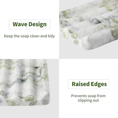 Karibiber Marble Soap Dish, Large Stone Bar Soap Holder Shower, Green Bathroom Soaps Saver, Easy Cleaning Natural Stone Sponge Holder for Kitchen Sink, Executive Jewelry Ring Tray - color: Light Green