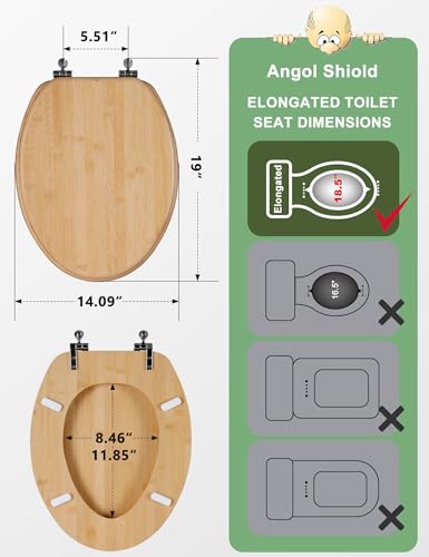 Angol Shiold ELONGATED Bamboo Wood Toilet Seat 18.5Inch | Easy to Install also Easy to Clean, Up to 400 lbs (Elongated 18.5", Natural Bamboo) - color: Non Soft-close, size: Elongated -18.5"