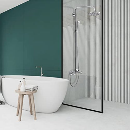 Heyalan Dual Shower System, 8 Inch Rain Head, Handheld, Polished Chrome | Dual shower system with 8 inch rain head, handheld sprayer, exposed pipe design, two-handle control, and brass body. - color: Polished Chrome