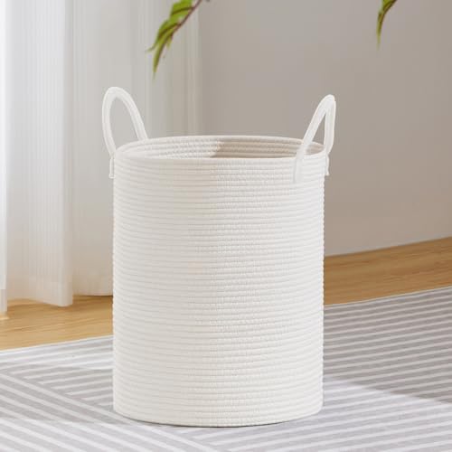 VIPOSCO 53L Tall Woven Laundry Basket Hamper, White | Cotton rope laundry hamper, collapsible wicker basket, storage for blanket, toys, dirty clothes, for bedroom, bathroom - color: White, size: 53L