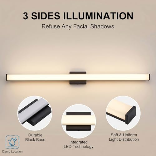 URSOLA 48" Modern LED Bathroom Light Fixtures, Matte Black 3CCT Dimmable Bathroom Vanity Light Over Mirror, Bathroom Vanity Bath Bar Lights with Double Layer Acrylic Shade - color: Matte Black, size: 48inch
