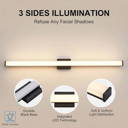 URSOLA 48" Modern LED Bathroom Light Fixtures, Matte Black 3CCT Dimmable Bathroom Vanity Light Over Mirror, Bathroom Vanity Bath Bar Lights with Double Layer Acrylic Shade - color: Matte Black, size: 48inch