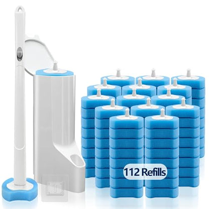 Disposable Toilet Brush and Holder Set with 112 Toilet Bowl Wand Refills | Wall-mounted Toilet Scrubber Kit-16.81" ABS Handle&Holder, 112 Sponge Brush Heads for House, Apartment, RV Bathroom Cleaning - color: 1 Pack White Toilet Brush Set