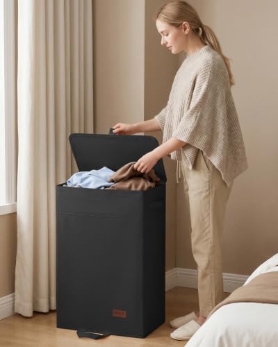 85L Laundry Hamper with Lid, Large Clothes Hamper, Black | Foot Loop & Removable Bag Easy to Lift and Carry, Tall & Collapsible Laundry Basket for Bathroom, Bedroom, Laundry Room, Dorm - color: Black