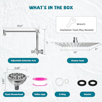 All Metal Shower Head, 10" High Pressure Dual Rainfall/Handheld Shower Head Combo with 16" Adjustable Shower Extension Arm, 7 Spray Modes Fixed Showerhead, 3-Way Diverter Valve, Chrome - color: Chrome, style: Square