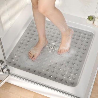 HITSLAM 21x21 Inch Square Shower Mat Non Slip, Anti Slip Bathtub Mat with Strong Suction Cups & Drainage Holes, Machine Washable Bathroom Floor Mat for Inside Shower Stall and Tub, Grey - color: Grey