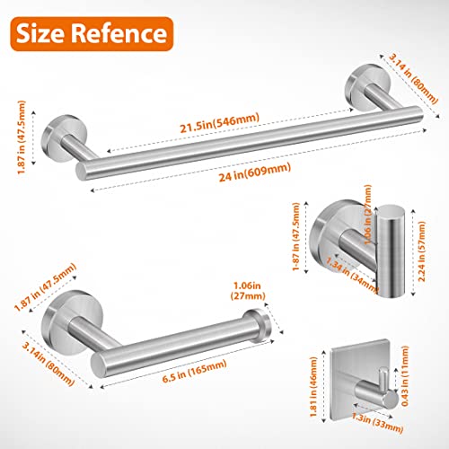 Tudoccy 5-Pieces Bathroom Hardware Set Brushed Nickel SUS304 Stainless Steel Round Wall Mounted - Includes 24" Hand Towel Bar, Toilet Paper Holder, 3 Robe Towel Hooks, Bathroom Accessories Kit | Includes hand towel bar, toilet paper holder, 3 robe hooks;