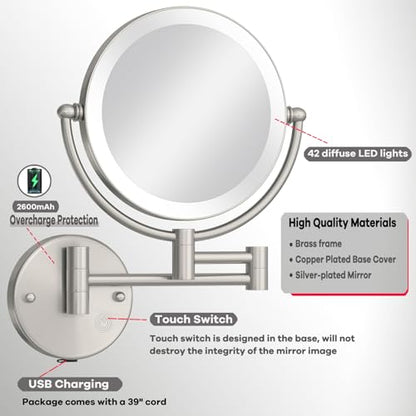 8 Inch Rechargeable Brass Lighted Magnifying Mirror Wall Mounted, 1X/5X Double-Sided Bathroom Personal Makeup Mirror with Light, Brushed Nickel | 8-Inch, 1X/5X Magnification, 2-Sided, Bathroom Personal Makeup Vanity, Brass Extended Arm, 360 Rotation, 3 Co