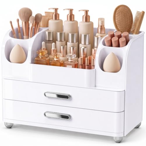 Large Makeup Organizer Countertop for Vanity Skincare Organizers | Cosmetic Display Cases with Drawers and Brushes Holders, Make up Organizers for Perfumes, Nail Polish, Lipsticks, All White - color: ALL White