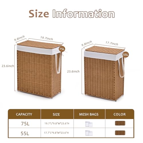 Slim Wicker Laundry Hamper with Lid, 55L Handwoven Rattan Basket with Handles, Narrow Laundry Basket with Removable Liner Bag & 2 Mesh Bags - color: Rattan with Lid, size: 55L