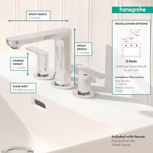 hansgrohe Rebris S Widespread Bathroom Faucet, 2-Handle, 3 Hole Bathroom Sink Faucet for Vanity with Pop-Up Drain Assembly, 1.2 GPM, Chrome, 72530001 - color: Chrome