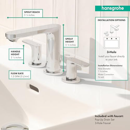 hansgrohe Rebris S Widespread Bathroom Faucet, 2-Handle, 3 Hole Bathroom Sink Faucet for Vanity with Pop-Up Drain Assembly, 1.2 GPM, Chrome, 72530001 - color: Chrome