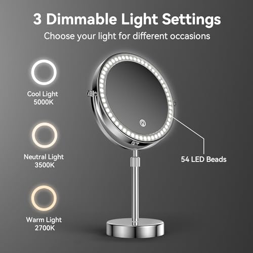 Nicesail LED 7X Make up Mirror, 8 Inch, 4000 mAh Rechargeable Chrome Finish | Mirror with Light of 3 Colors, Brightness Adjustable, Height Adjustable, Double Sided (8 Inch, 7X), Magnifying Lighted Makeup - color: Chrome-7x
