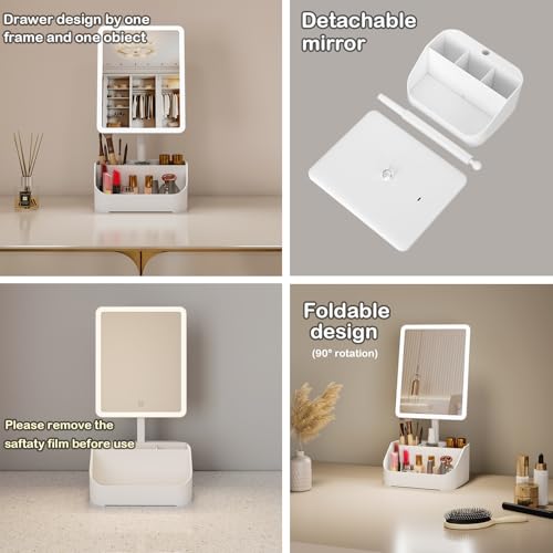 Rechargeable Makeup Mirror Organizer with LED Lights & 20X Magnification, Large Capacity Cosmetic Display Case for Skincare & Makeup Brushes, Countertop Vanity Organizer for Bedroom, Bathroom (Cream)