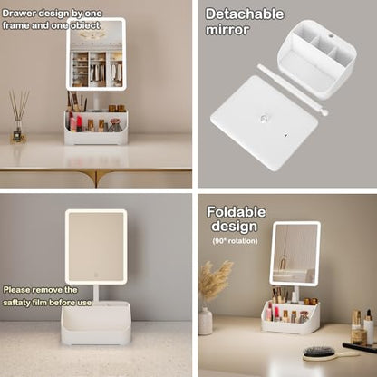 Rechargeable Makeup Mirror Organizer with LED Lights & 20X Magnification, Large Capacity Cosmetic Display Case for Skincare & Makeup Brushes, Countertop Vanity Organizer for Bedroom, Bathroom (Cream)