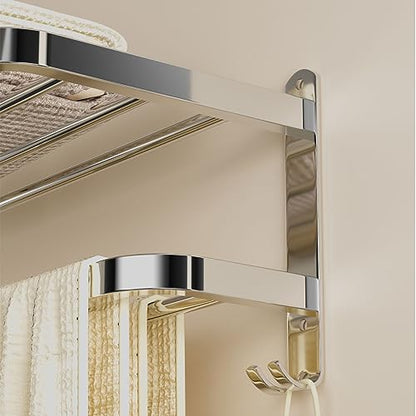 23 Inch Bathroom Towel Rack Towel Shelf with Double Towel Bars Lavatory Wall Mount Holder with Hooks Stainless Steel Hotel Bath Rack - color: Silver