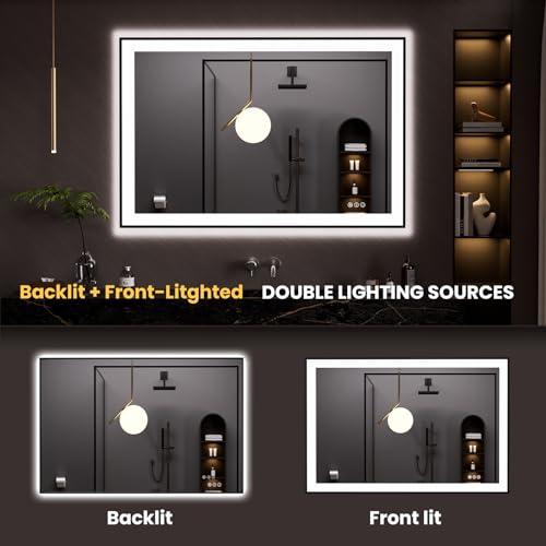LOAAO 48"X32" LED Bathroom Mirror Black Framed | Anti-Fog, Dimmable, Memory Function, Tempered Glass, Lighted Vanity Mirror for Wall - size: 48"L x 32"W