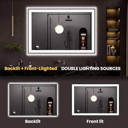LOAAO 48"X32" LED Bathroom Mirror Black Framed | Anti-Fog, Dimmable, Memory Function, Tempered Glass, Lighted Vanity Mirror for Wall - size: 48"L x 32"W