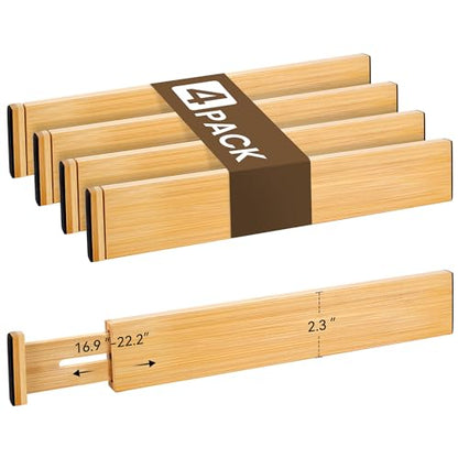 Adjustable Bamboo Drawer Dividers of 4, Expandable Organizers (16.9"-22.2") | Spring-Loaded Kitchen Drawer Organizer, Non-Slip Ends, 2.2" High, Easy Setup & Clean, for Kitchen, Dresser, Clothes, Bath - size: 2.3"High, 16.9“-22.2”Long, 4Pack